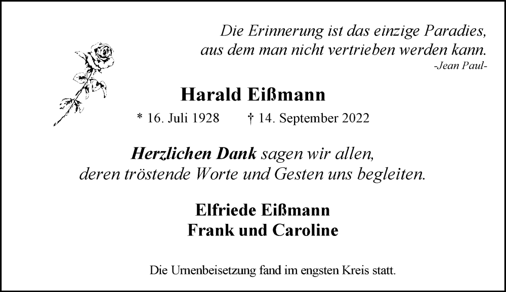  Traueranzeige für Harald Eißmann vom 30.09.2022 aus Rheinische Post