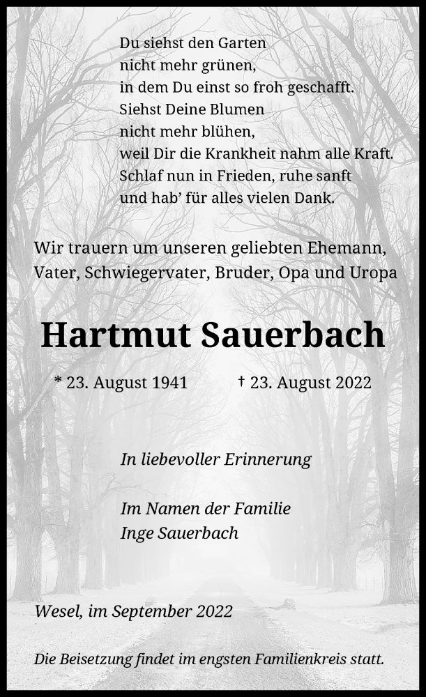  Traueranzeige für Hartmut Sauerbach vom 10.09.2022 aus Rheinische Post