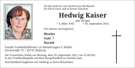 Traueranzeige von Hedwig Kaiser von Rheinische Post