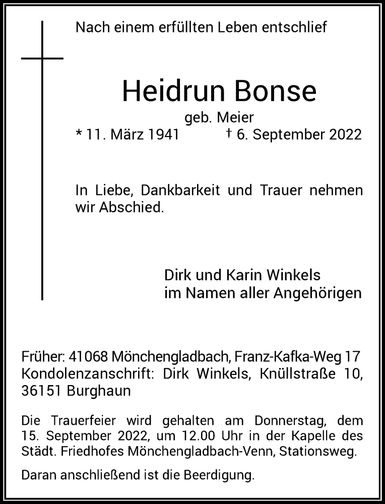  Traueranzeige für Heidrun Bonse vom 10.09.2022 aus Rheinische Post