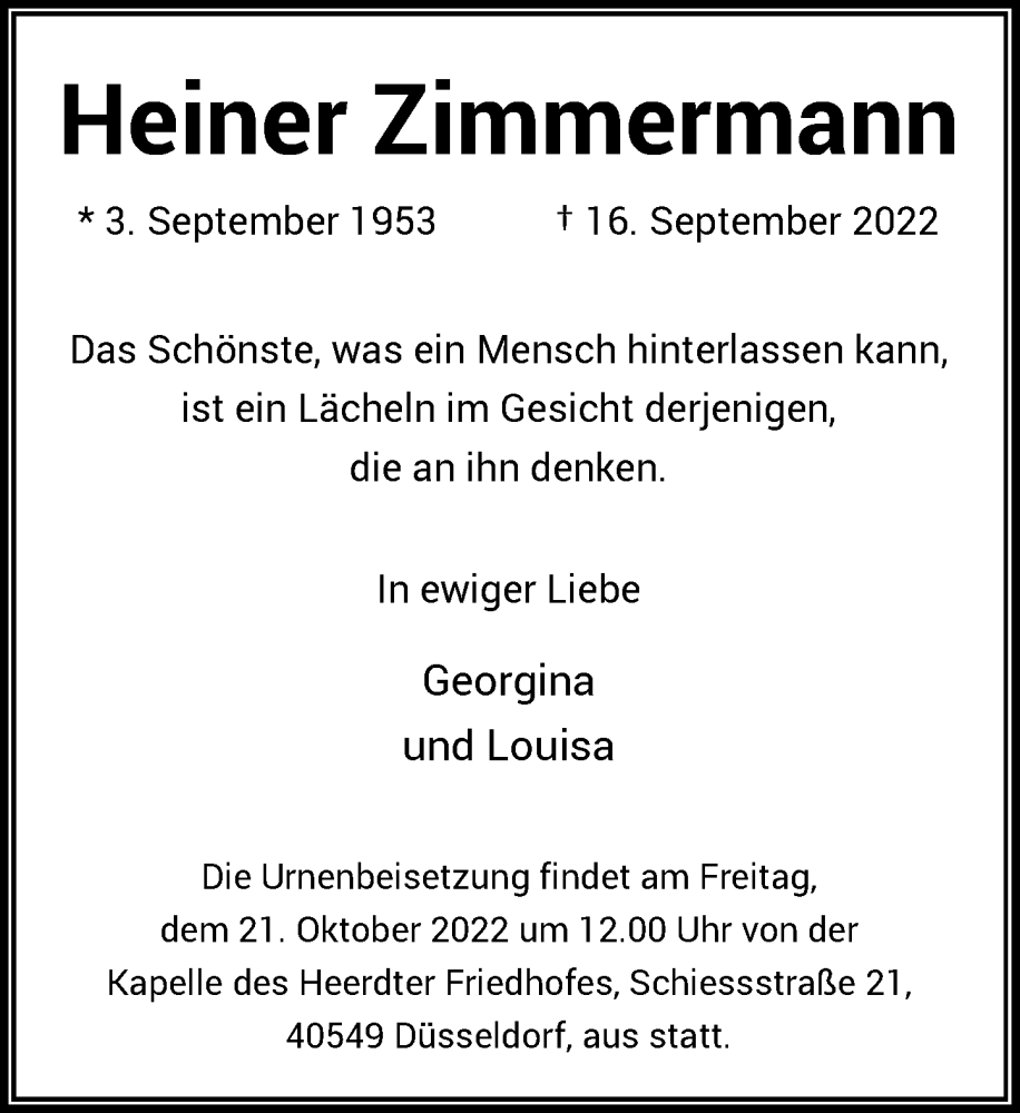  Traueranzeige für Heiner Zimmermann vom 24.09.2022 aus Rheinische Post