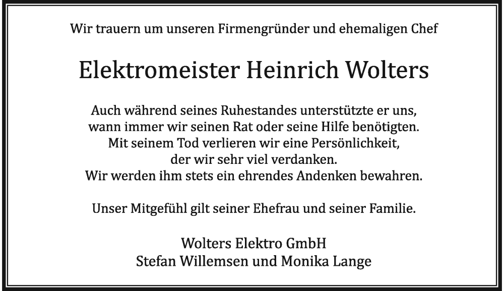  Traueranzeige für Heinrich Wolters vom 20.09.2022 aus Rheinische Post