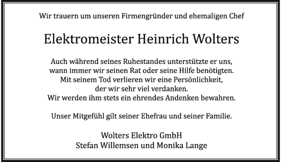 Traueranzeige von Heinrich Wolters von Rheinische Post