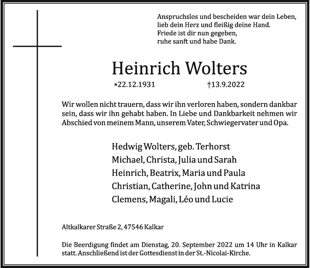  Traueranzeige für Heinrich Wolters vom 16.09.2022 aus Rheinische Post
