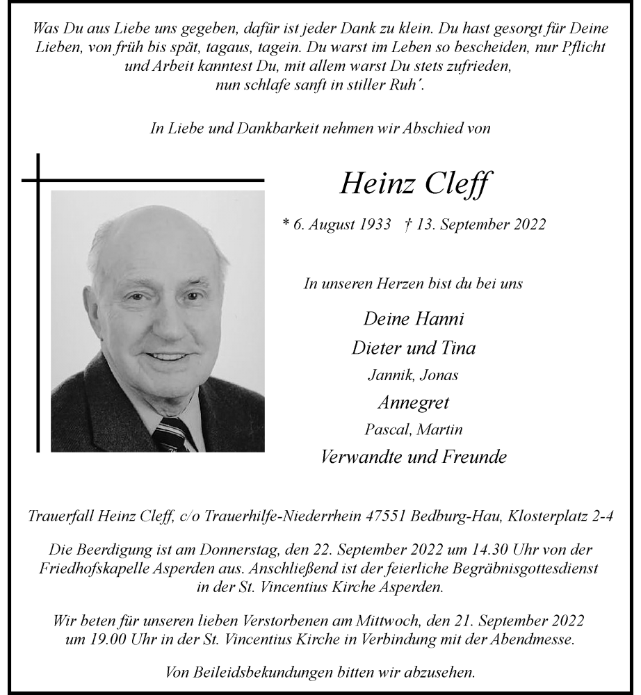  Traueranzeige für Heinz Cleff vom 17.09.2022 aus Rheinische Post