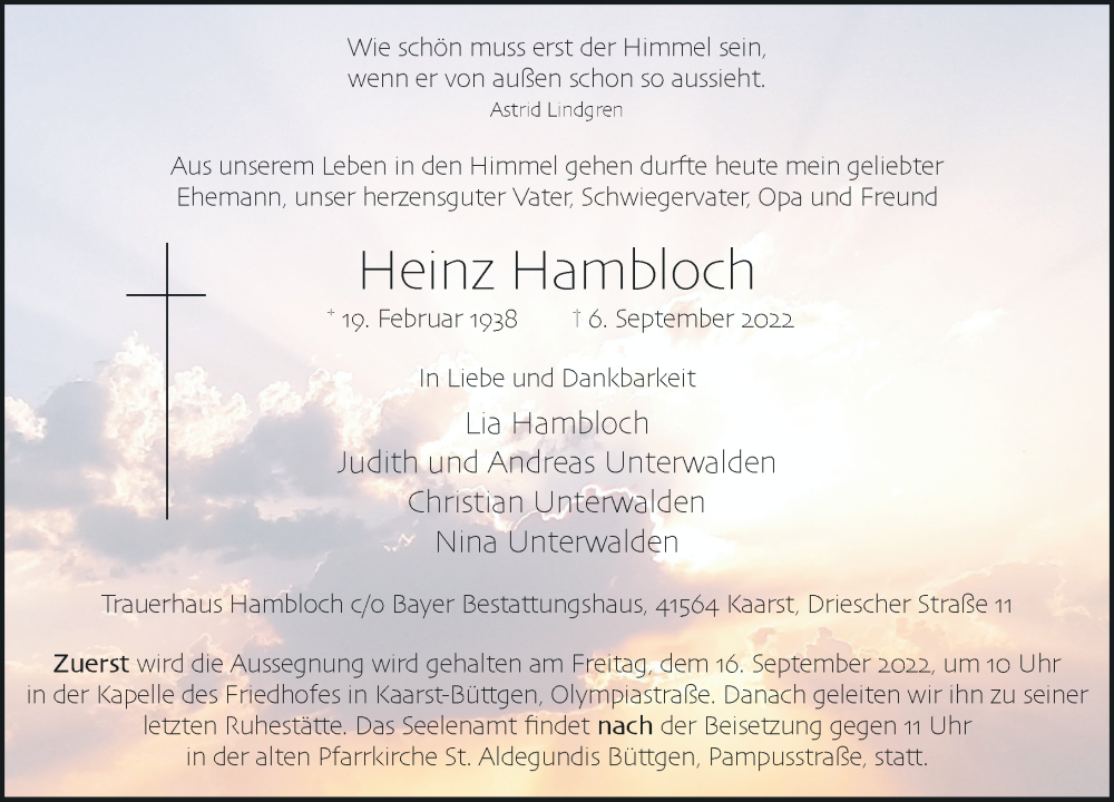  Traueranzeige für Heinz Hambloch vom 10.09.2022 aus Rheinische Post
