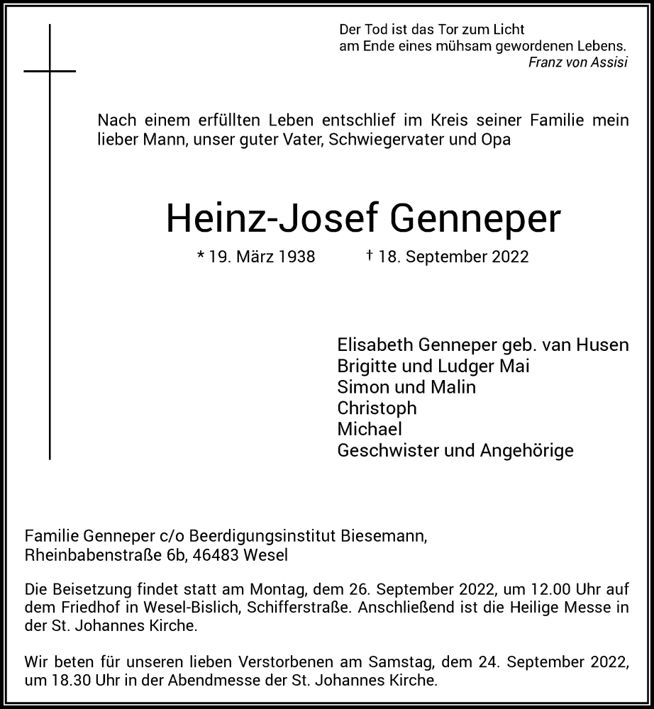  Traueranzeige für Heinz-Josef Genneper vom 24.09.2022 aus Rheinische Post