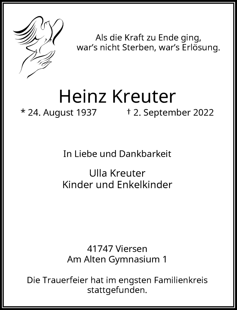  Traueranzeige für Heinz Kreuter vom 10.09.2022 aus Rheinische Post