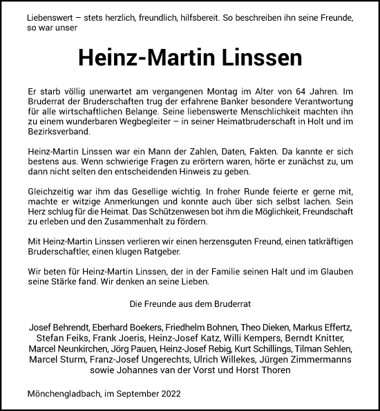 Traueranzeige von Heinz-Martin Linssen von Rheinische Post