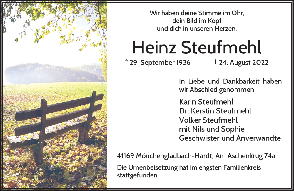  Traueranzeige für Heinz Steufmehl vom 10.09.2022 aus Rheinische Post
