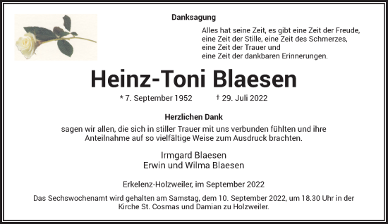 Traueranzeige von Heinz-Toni Blaesen von Rheinische Post