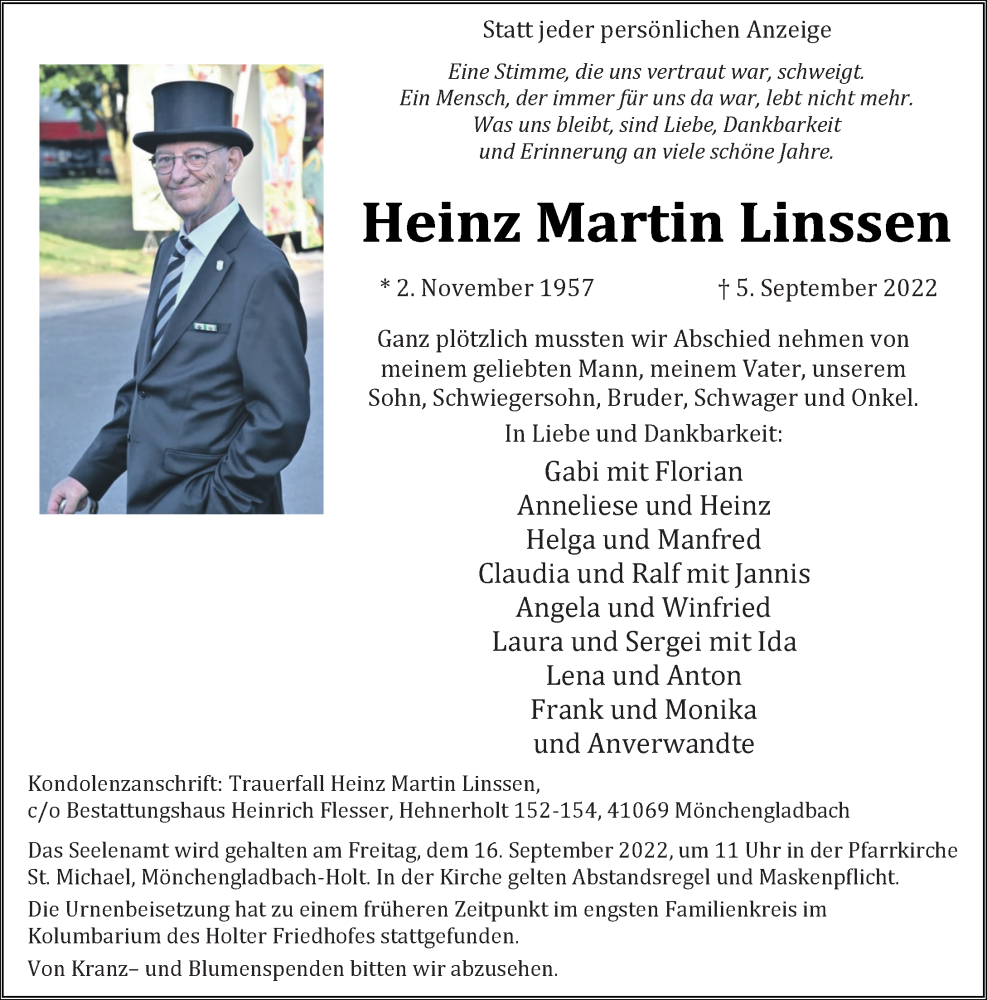  Traueranzeige für Heinz Martin Linssen vom 10.09.2022 aus Rheinische Post