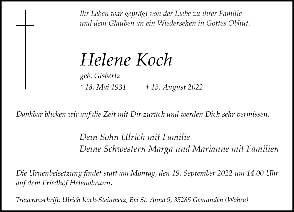  Traueranzeige für Helene Koch vom 17.09.2022 aus Rheinische Post