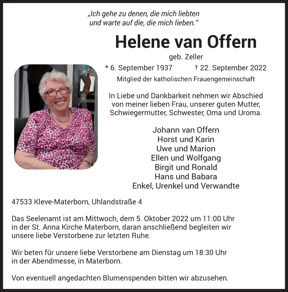  Traueranzeige für Helene van Offern vom 28.09.2022 aus Rheinische Post