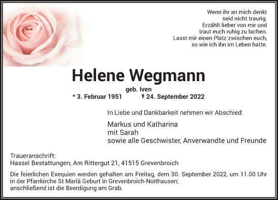 Traueranzeige von Helene Wegmann von Rheinische Post