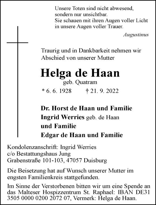 Traueranzeige von Helga de Haan von Rheinische Post