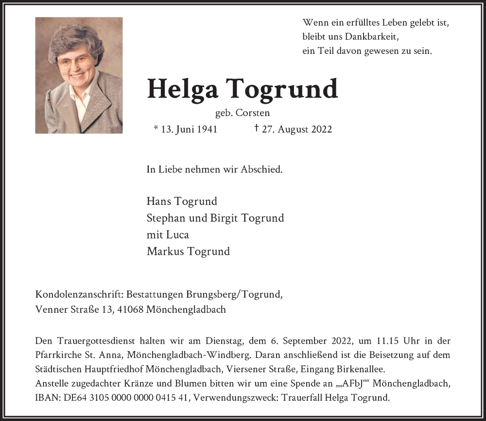  Traueranzeige für Helga Togrund vom 03.09.2022 aus Rheinische Post
