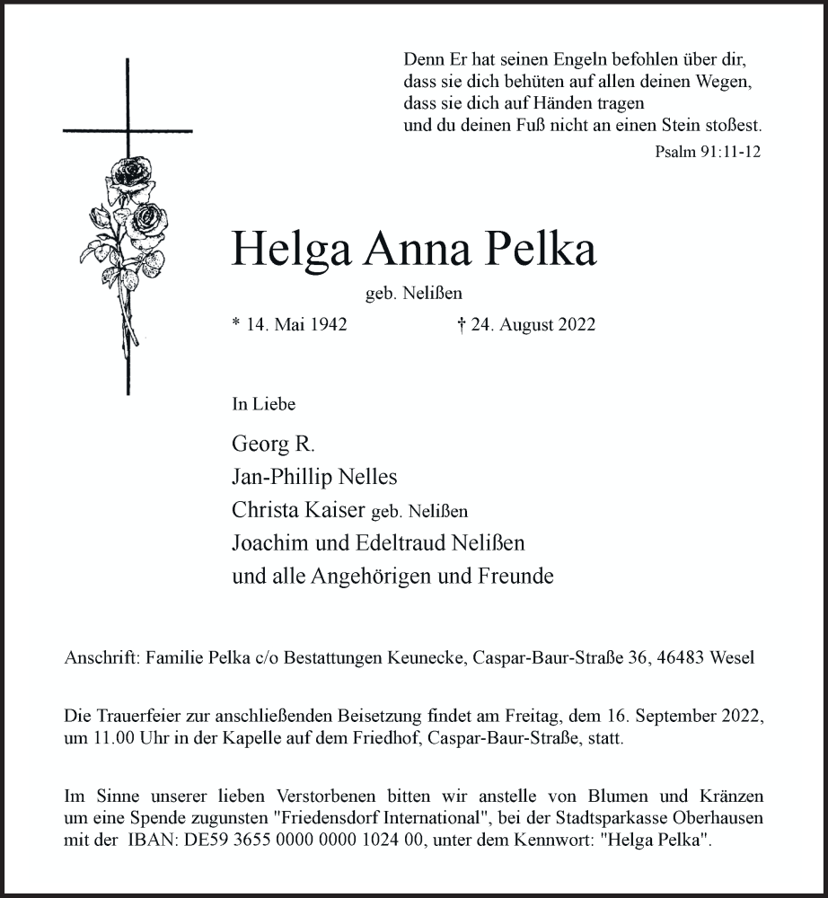  Traueranzeige für Helga Anna Pelka vom 08.09.2022 aus Rheinische Post