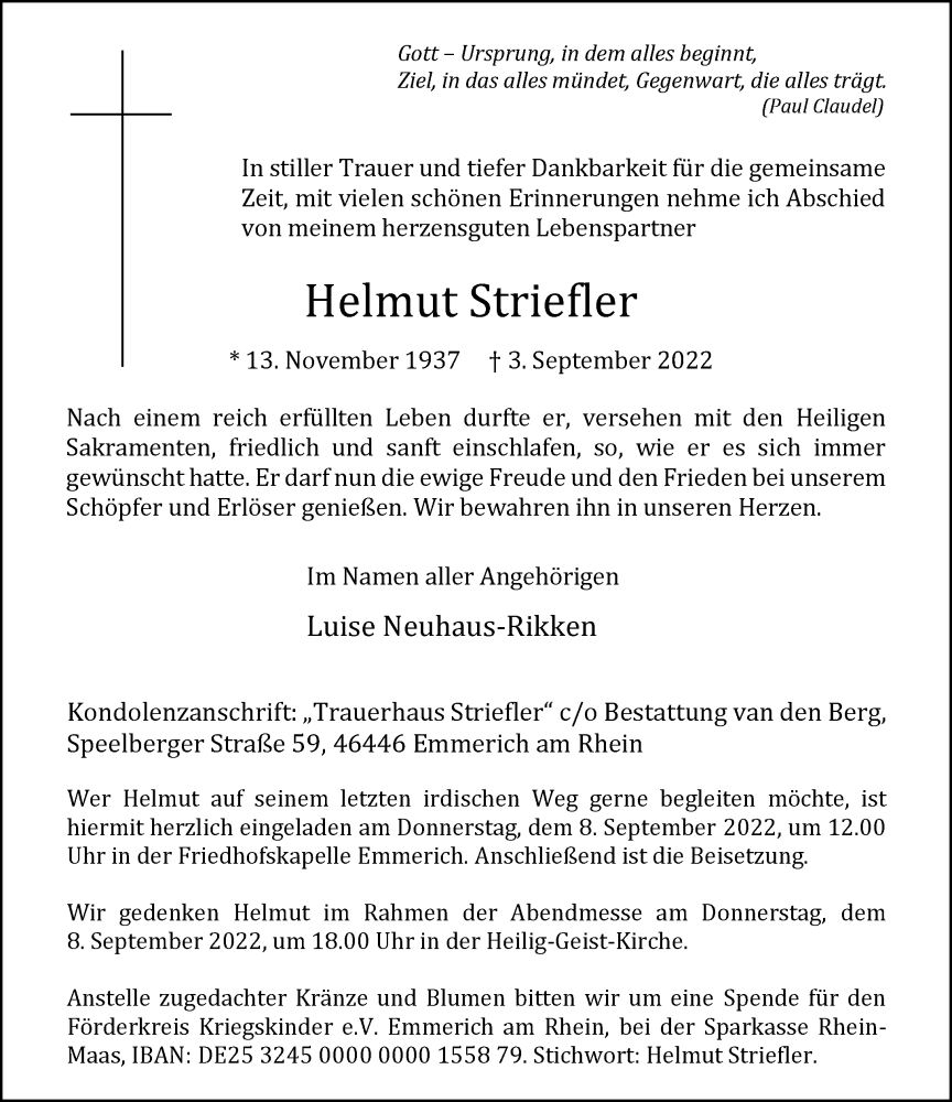  Traueranzeige für Helmut Striefler vom 06.09.2022 aus Rheinische Post