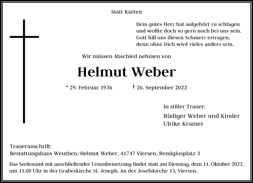  Traueranzeige für Helmut Weber vom 01.10.2022 aus Rheinische Post