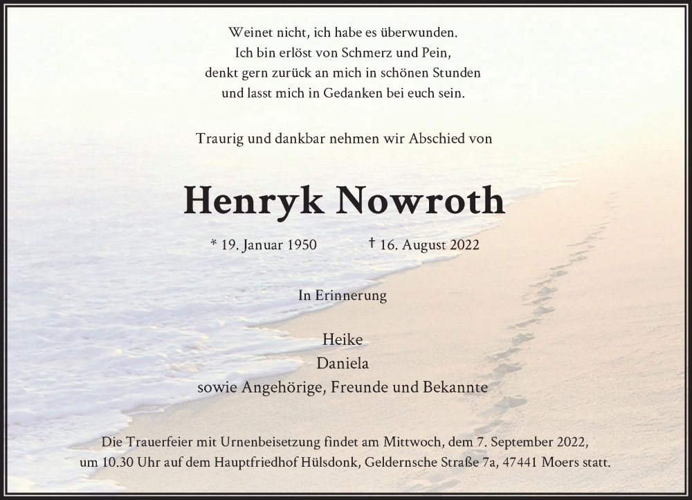  Traueranzeige für Henryk Nowroth vom 03.09.2022 aus Rheinische Post