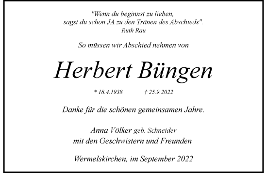Traueranzeige von Herbert Büngen von Rheinische Post