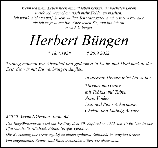 Traueranzeige von Herbert Büngen von Rheinische Post