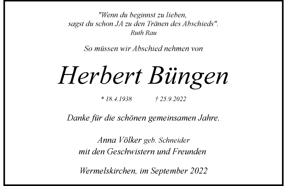  Traueranzeige für Herbert Büngen vom 28.09.2022 aus Rheinische Post