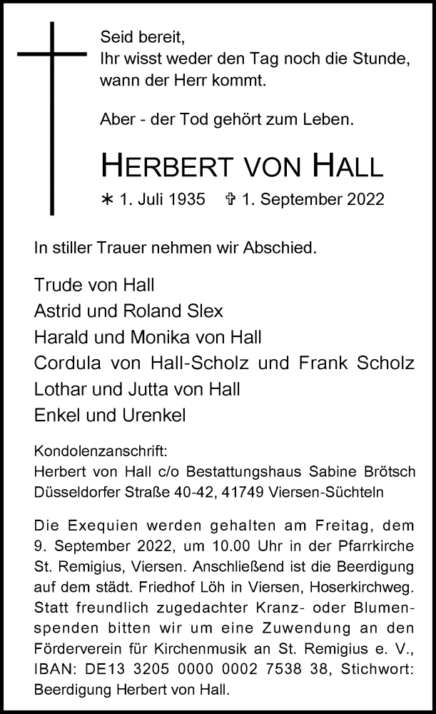  Traueranzeige für Herbert von Hall vom 07.09.2022 aus Rheinische Post