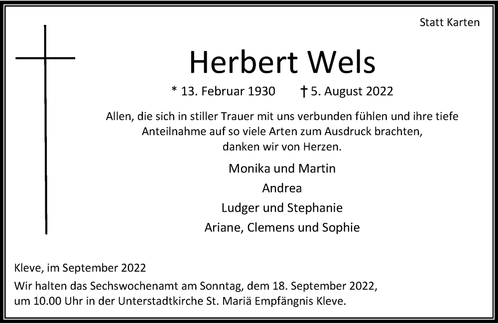  Traueranzeige für Herbert Wels vom 10.09.2022 aus Rheinische Post
