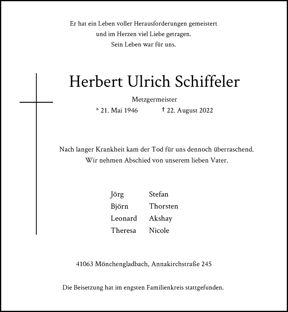  Traueranzeige für Herbert Ulrich Schiffeler vom 10.09.2022 aus Rheinische Post