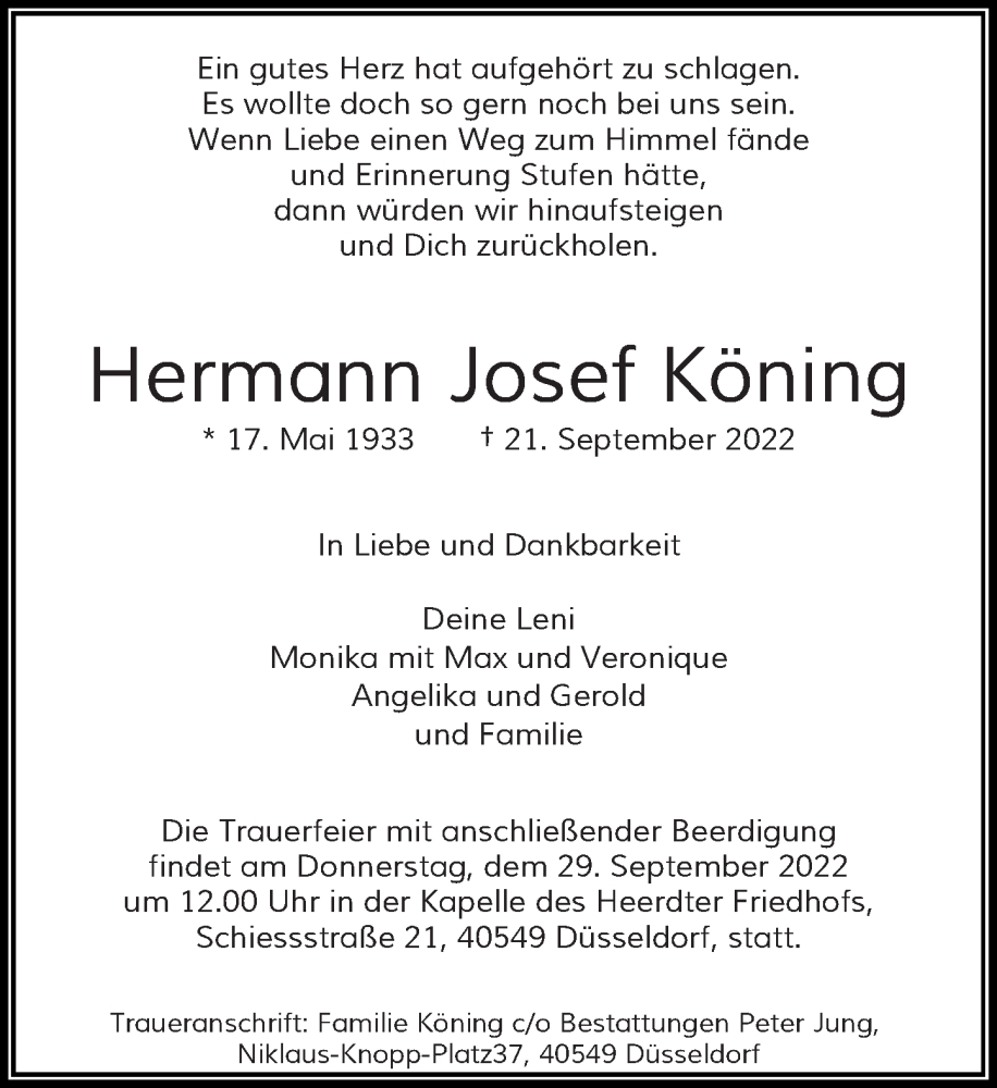  Traueranzeige für Hermann Josef Köning vom 24.09.2022 aus Rheinische Post
