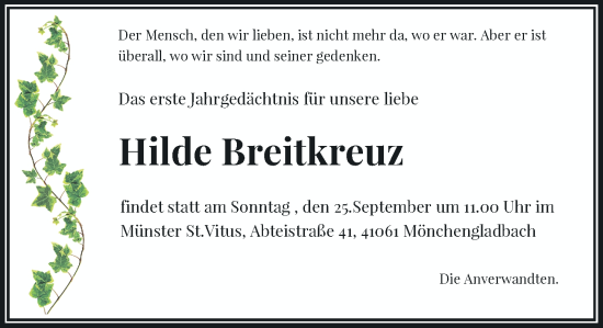 Traueranzeige von Hilde Breitkreuz von Rheinische Post