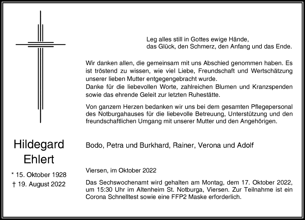  Traueranzeige für Hildegard Ehlert vom 01.10.2022 aus Rheinische Post