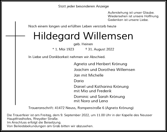 Traueranzeige von Hildegard Willemsen von Rheinische Post