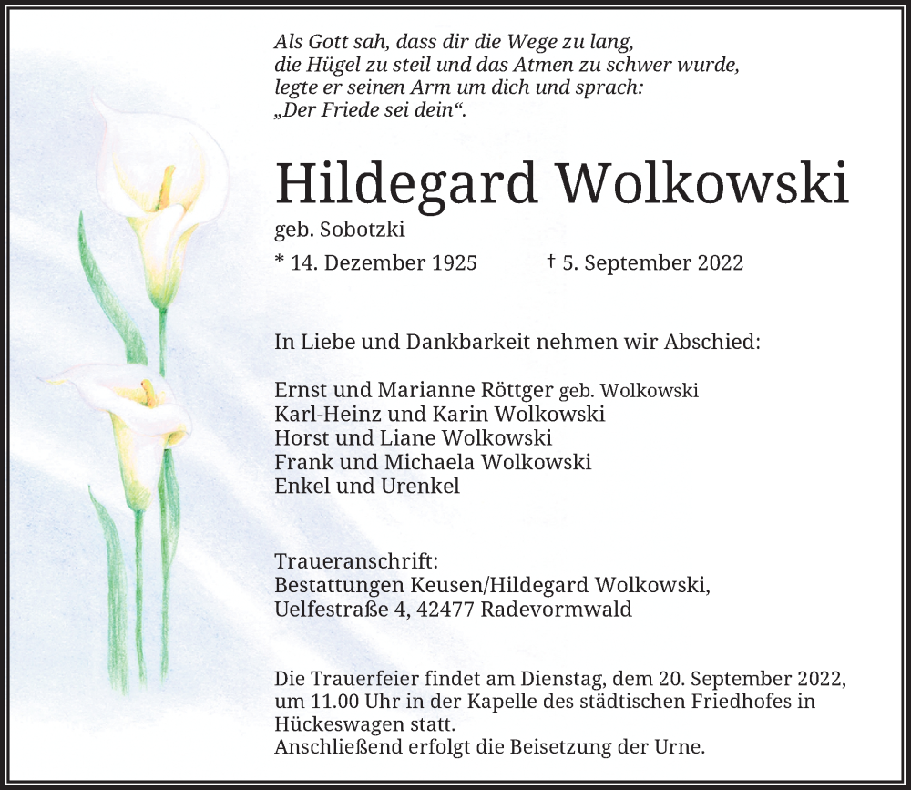  Traueranzeige für Hildegard Wolkowski vom 10.09.2022 aus Rheinische Post