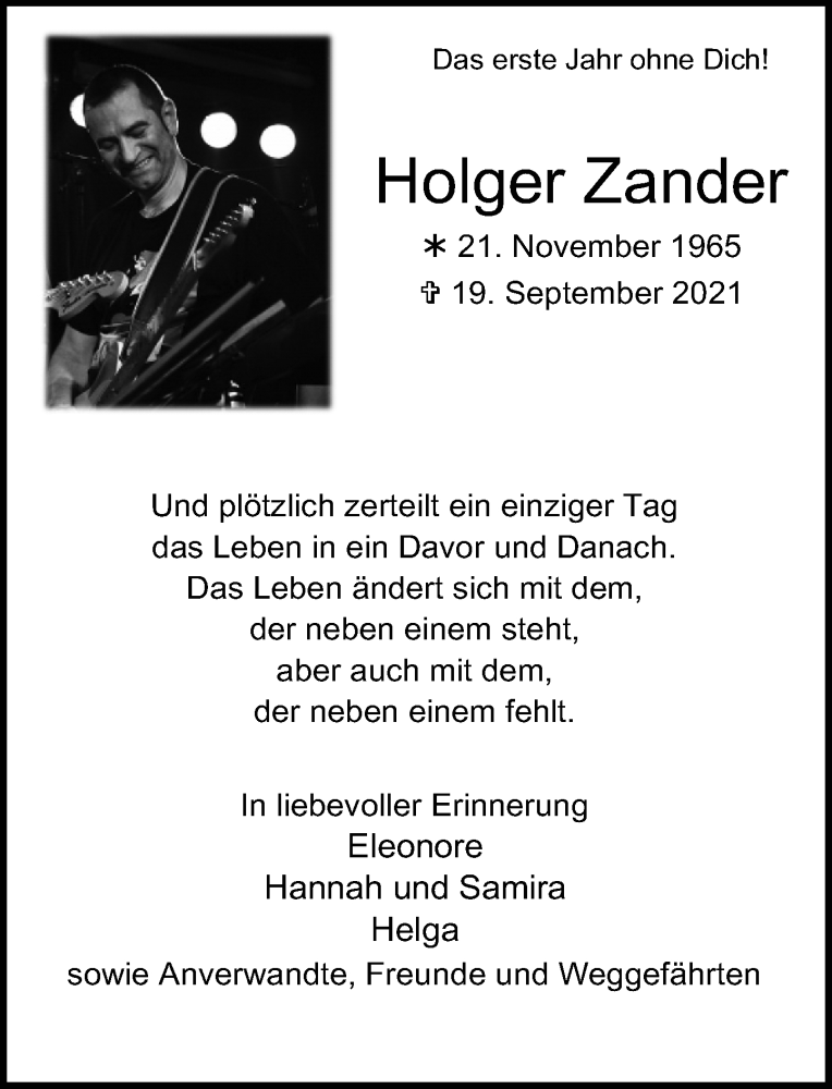  Traueranzeige für Holger Zander vom 24.09.2022 aus Rheinische Post