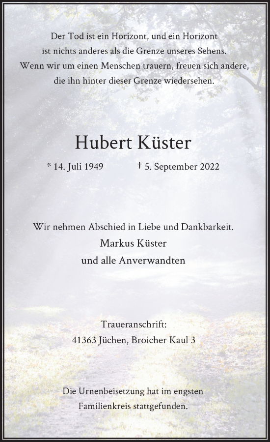 Traueranzeige von Hubert Küster von Rheinische Post