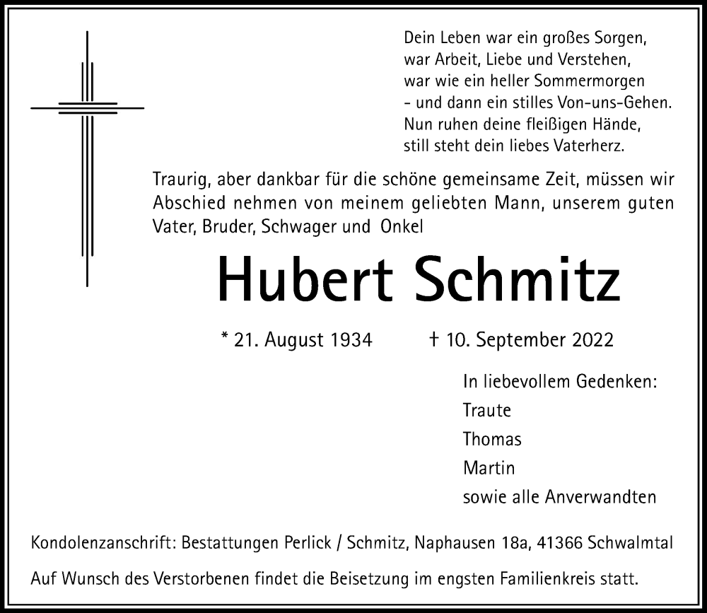  Traueranzeige für Hubert Schmitz vom 17.09.2022 aus Rheinische Post