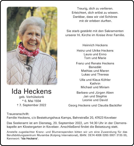 Traueranzeige von Ida Heckens von Rheinische Post