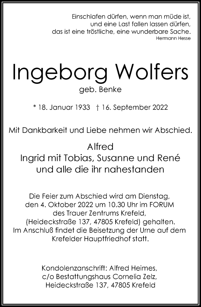  Traueranzeige für Ingeborg Wolfers vom 24.09.2022 aus Rheinische Post