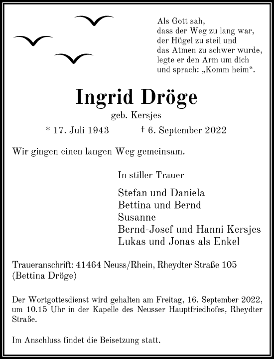 Traueranzeige von Ingrid Dröge von Rheinische Post