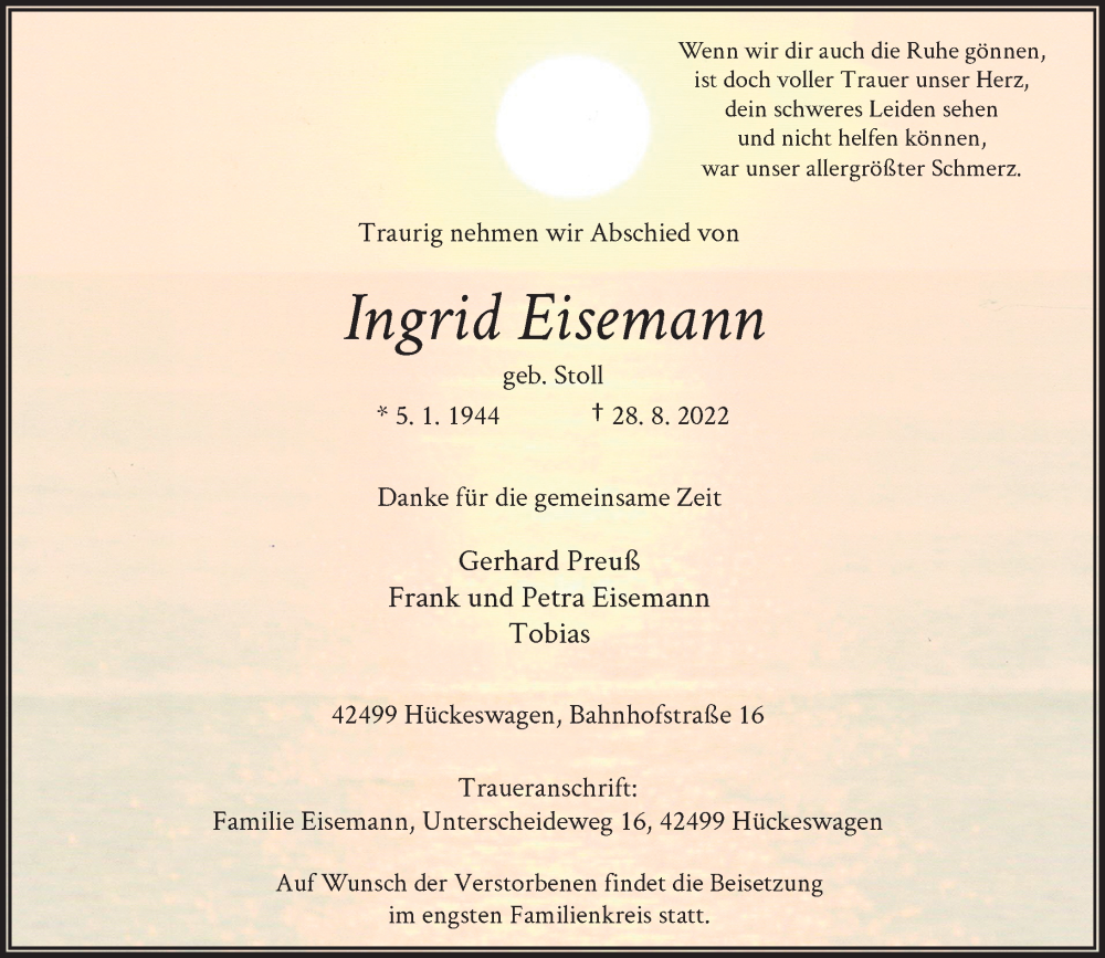 Traueranzeige für Ingrid Eisemann vom 03.09.2022 aus Rheinische Post
