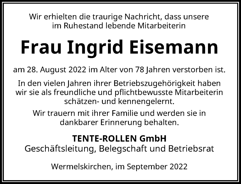  Traueranzeige für Ingrid Eisemann vom 07.09.2022 aus Rheinische Post