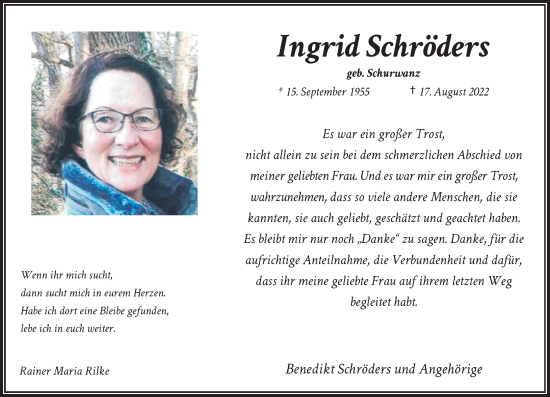 Traueranzeige von Ingrid Schröders von Rheinische Post