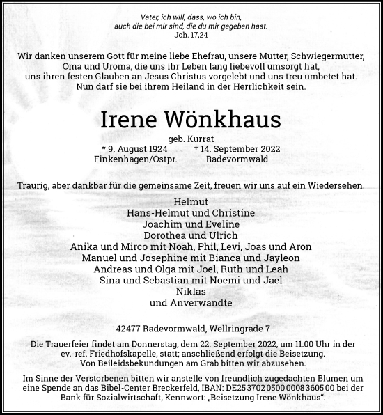 Traueranzeige von Irene Wönkhaus von Rheinische Post
