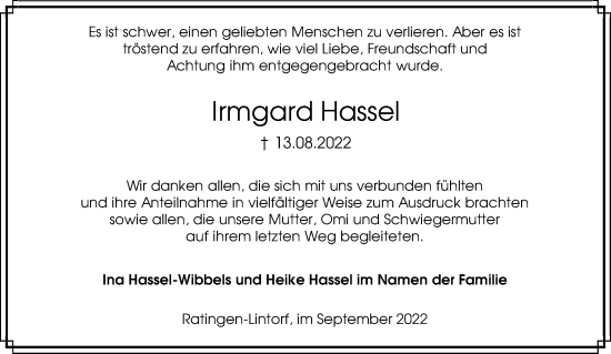 Traueranzeige von Irmgard Hassel von Rheinische Post