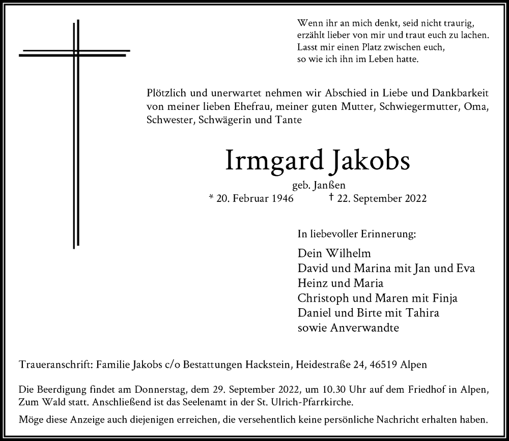  Traueranzeige für Irmgard Jakobs vom 27.09.2022 aus Rheinische Post