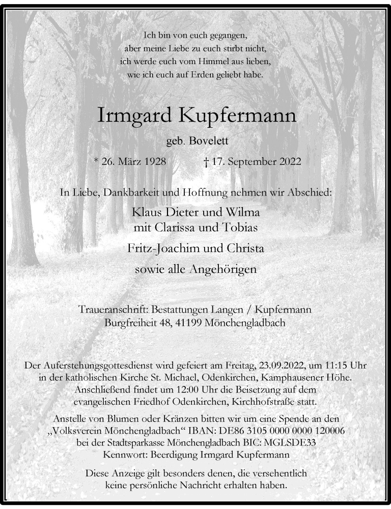  Traueranzeige für Irmgard Kupfermann vom 21.09.2022 aus Rheinische Post