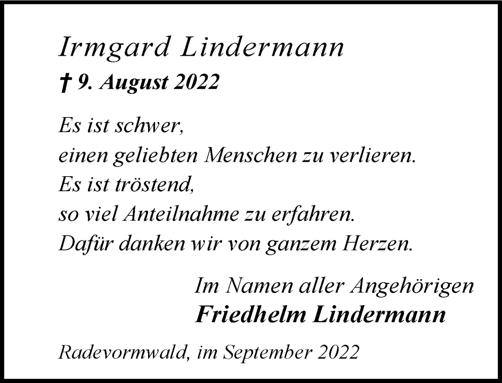  Traueranzeige für Irmgard Lindermann vom 24.09.2022 aus Rheinische Post